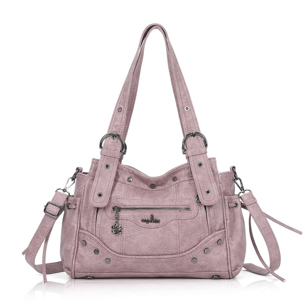 Curved-Panel Multi-Pocket Satchel Shoulder Bag