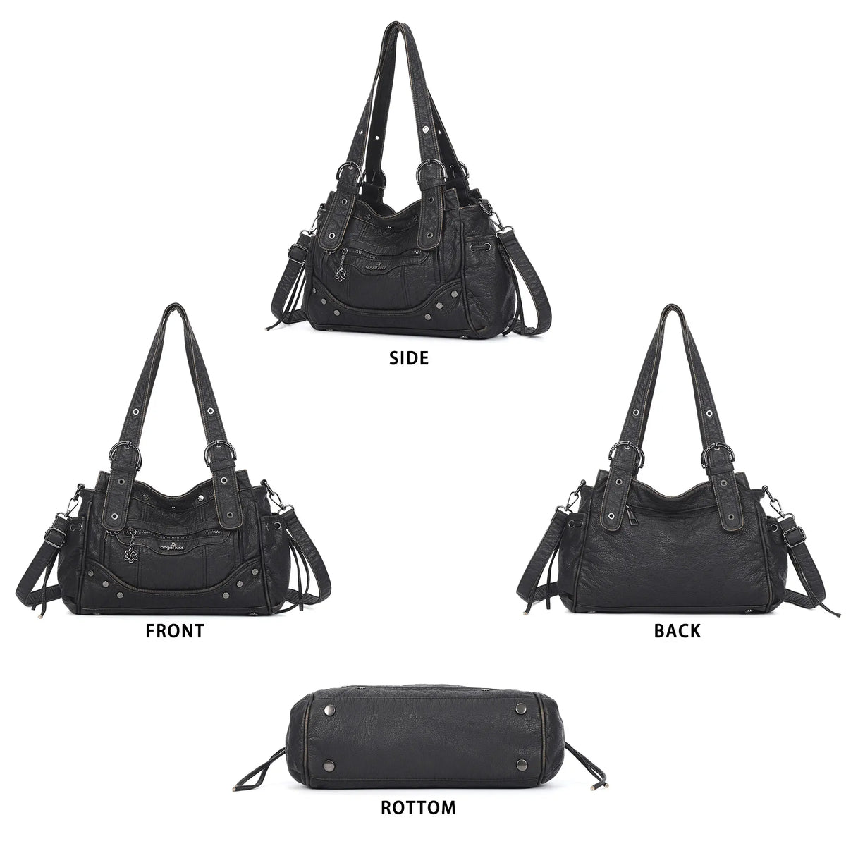 Curved-Panel Multi-Pocket Satchel Shoulder Bag