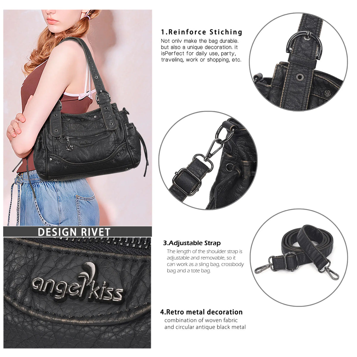 Curved-Panel Multi-Pocket Satchel Shoulder Bag