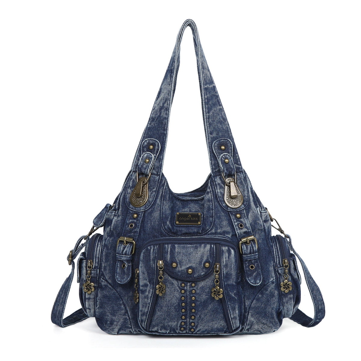 Washed denim vintage PU multi-bag shoulder bag for women-Angelkiss Bag