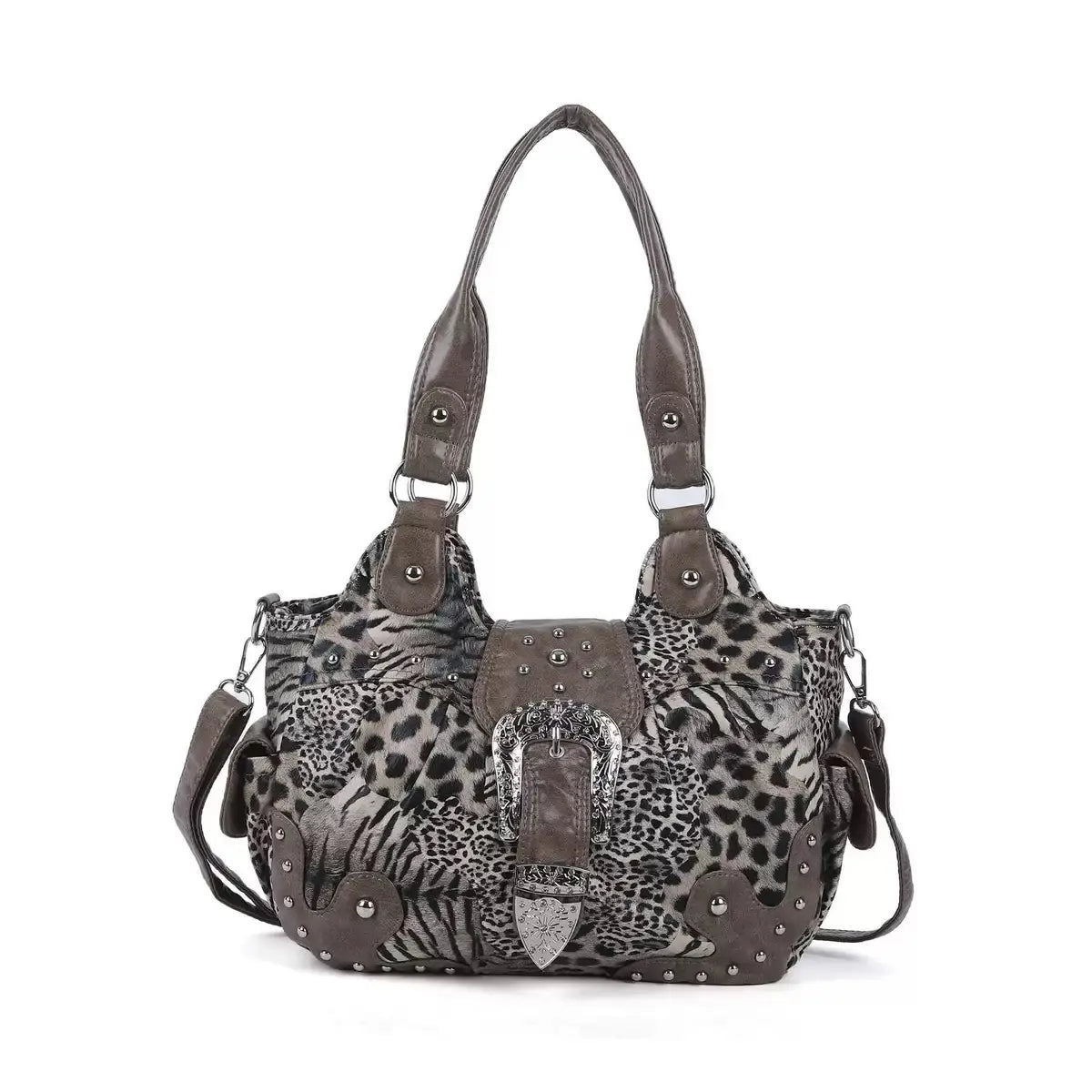 Leopard Patchwork Statement-Buckle Shoulder Bag