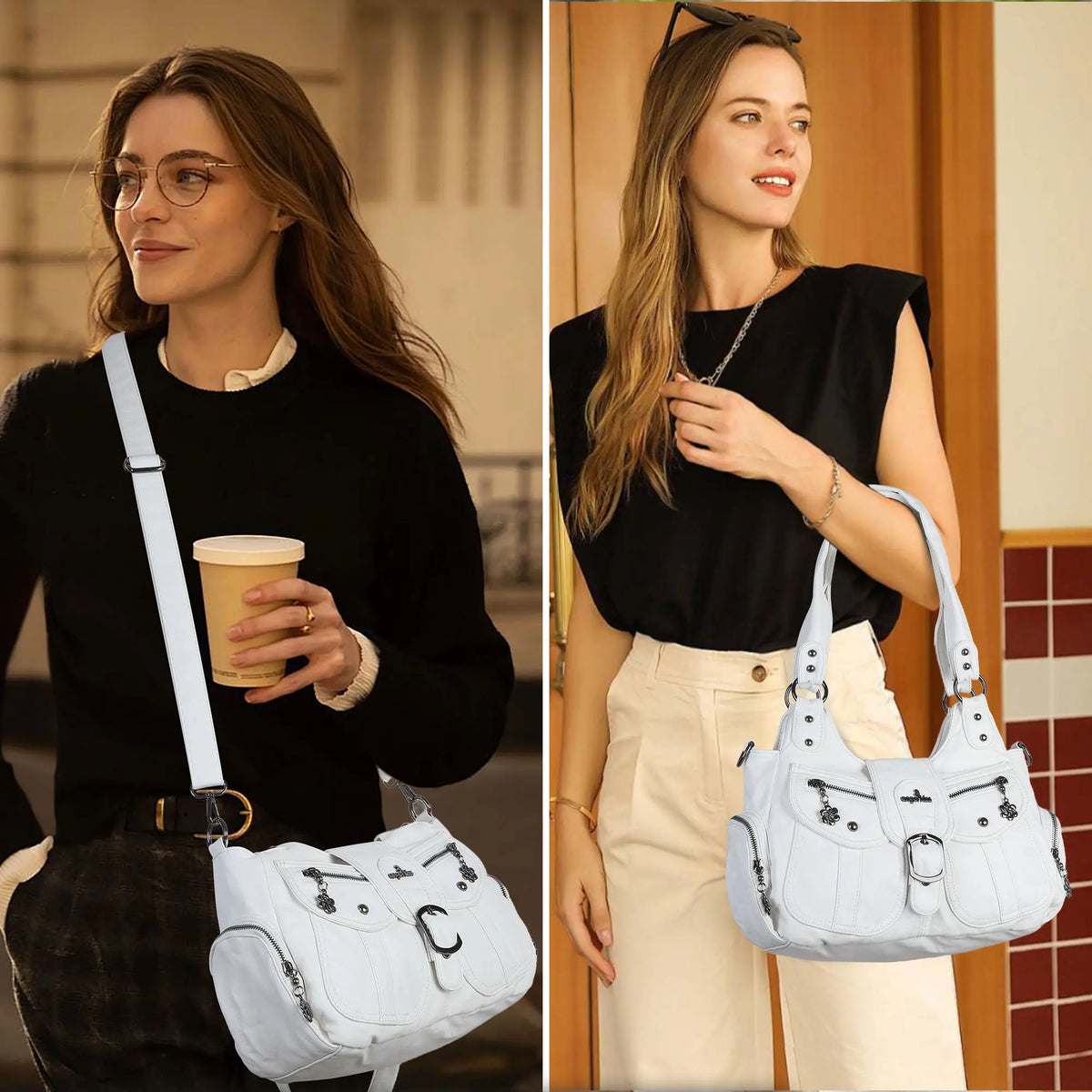 Y2K Washed Multi-Pocket Crescent Hobo Bag