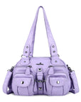 Biker-Style Multi-Pocket Shoulder Bag with Animal-Print Panels