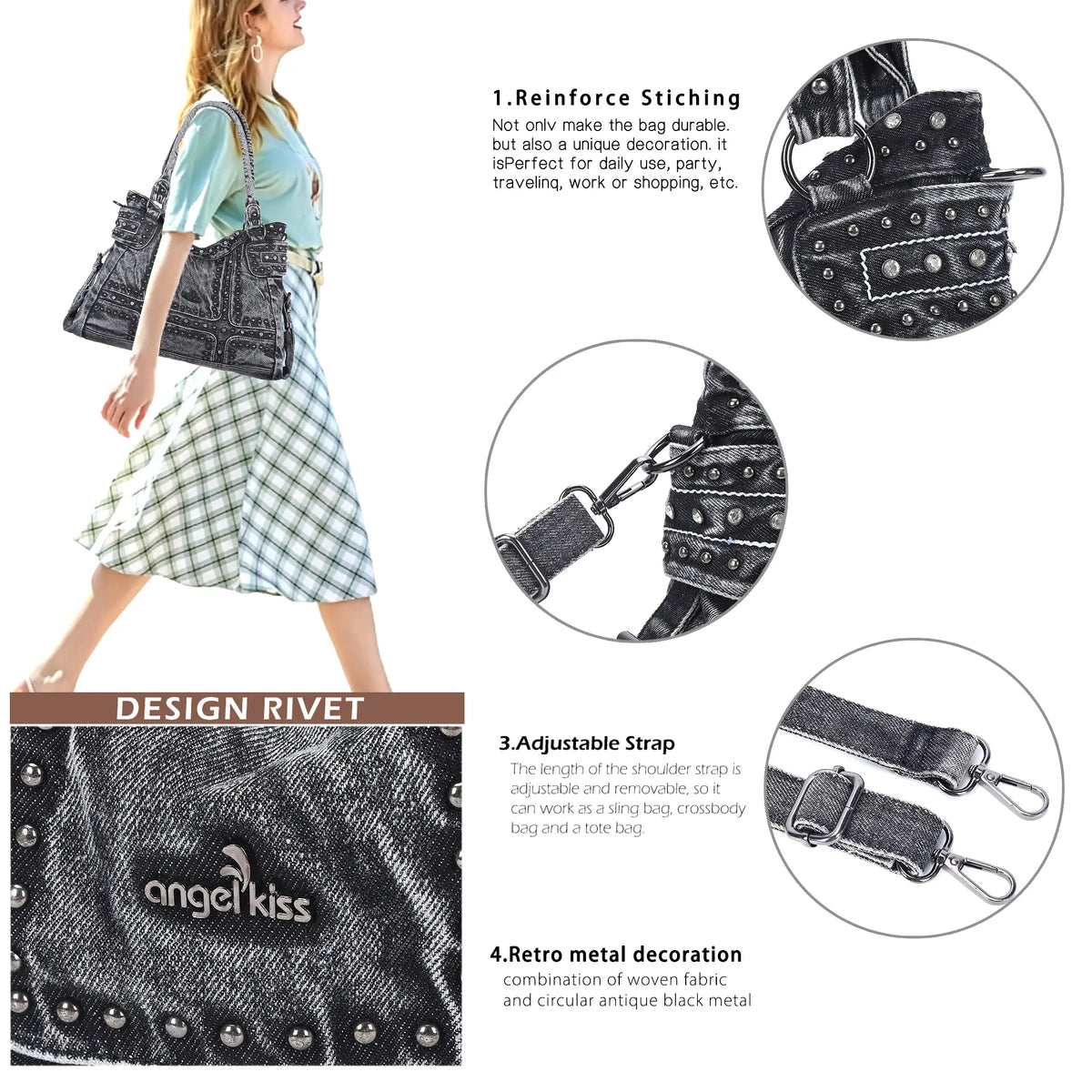 Rock-Chic Studded Tote Shoulder Bag