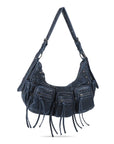Biker Fringe-Detail Multi-Pocket Crescent Shoulder Bag