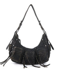 Biker Fringe-Detail Multi-Pocket Crescent Shoulder Bag
