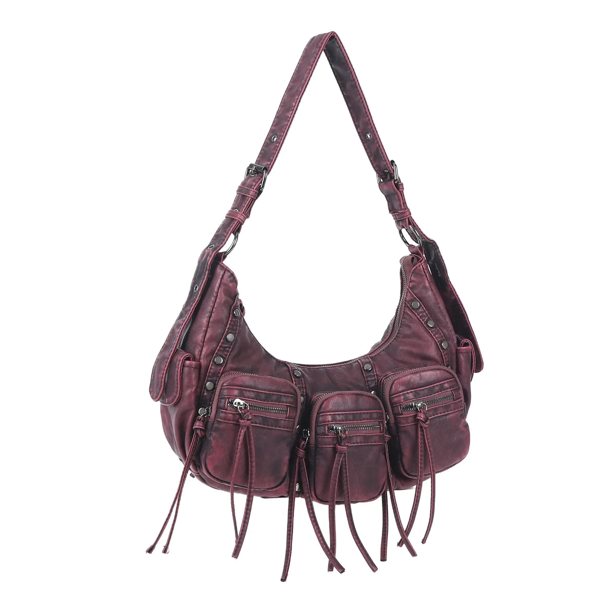 Biker Fringe-Detail Multi-Pocket Crescent Shoulder Bag