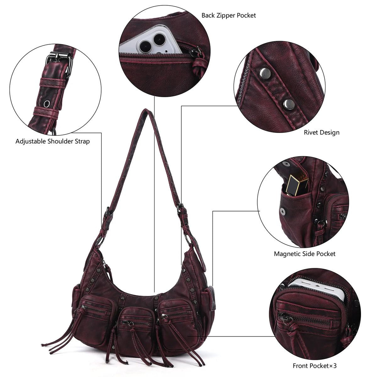 Biker Fringe-Detail Multi-Pocket Crescent Shoulder Bag
