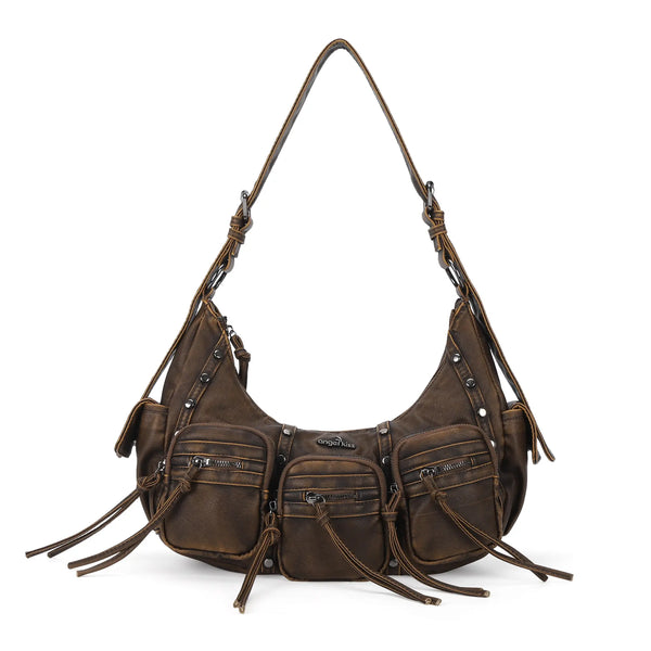 Biker Fringe-Detail Multi-Pocket Crescent Shoulder Bag