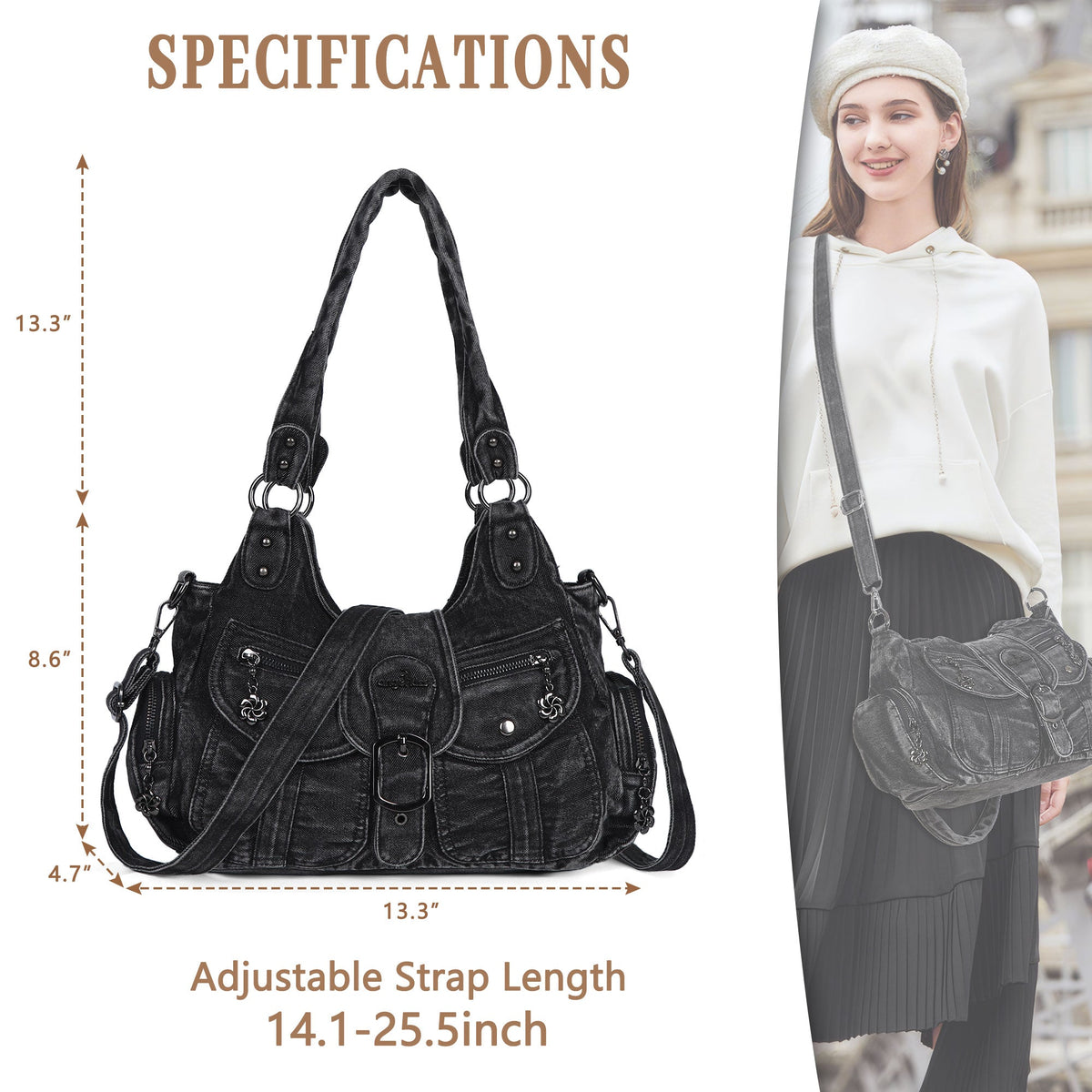 Women's Vintage Denim Multi-compartment High Capacity Hobo Bag | Angel Kiss Bag-Angelkiss Bag