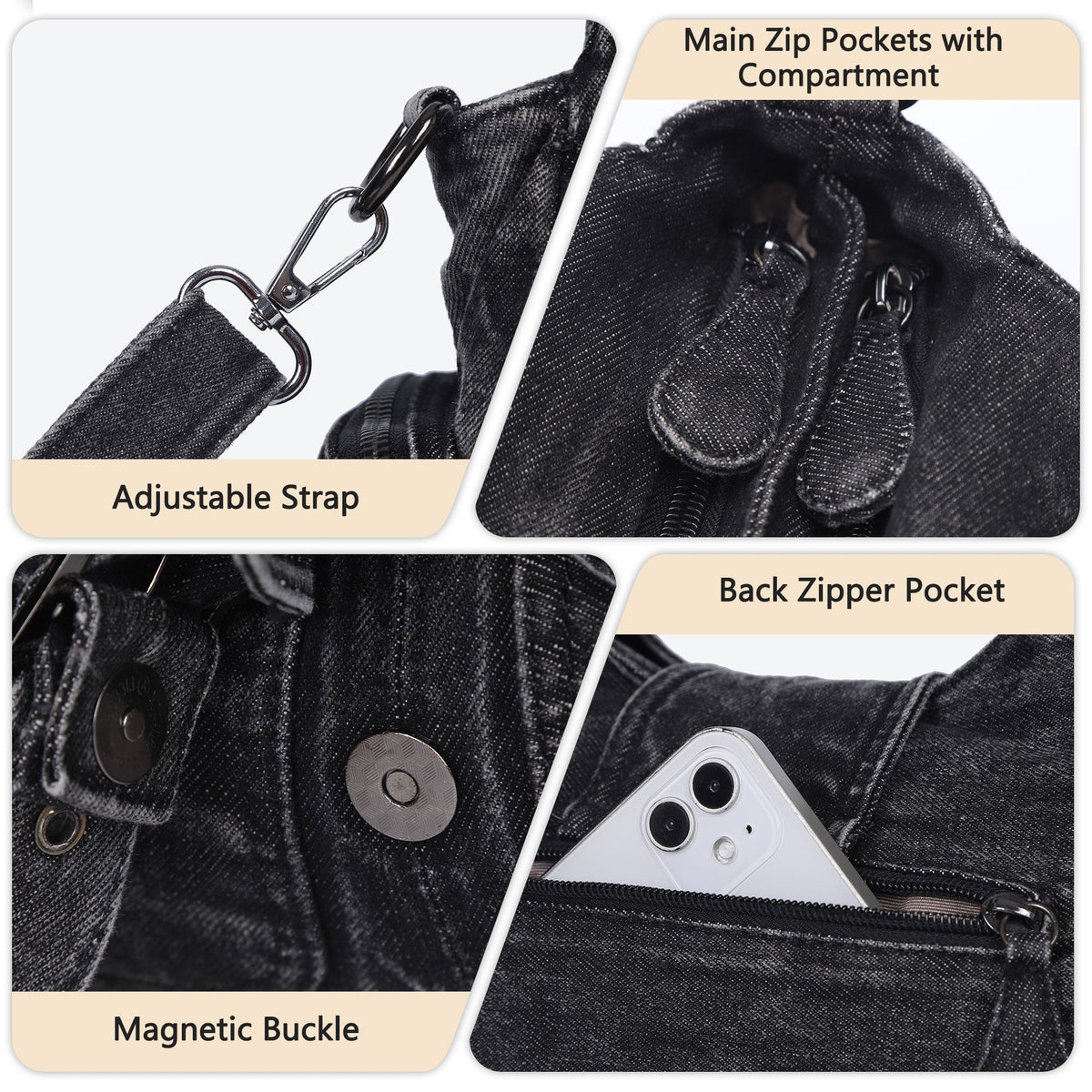 Women's Vintage Denim Multi-compartment High Capacity Hobo Bag | Angel Kiss Bag-Angelkiss Bag