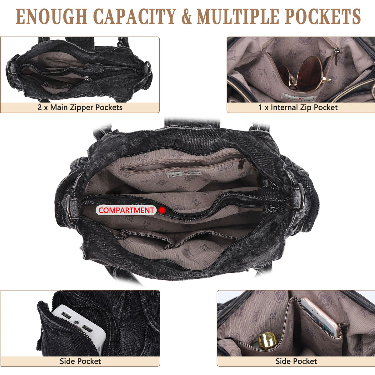 Women's Vintage Denim Multi-compartment High Capacity Hobo Bag | Angel Kiss Bag-Angelkiss Bag