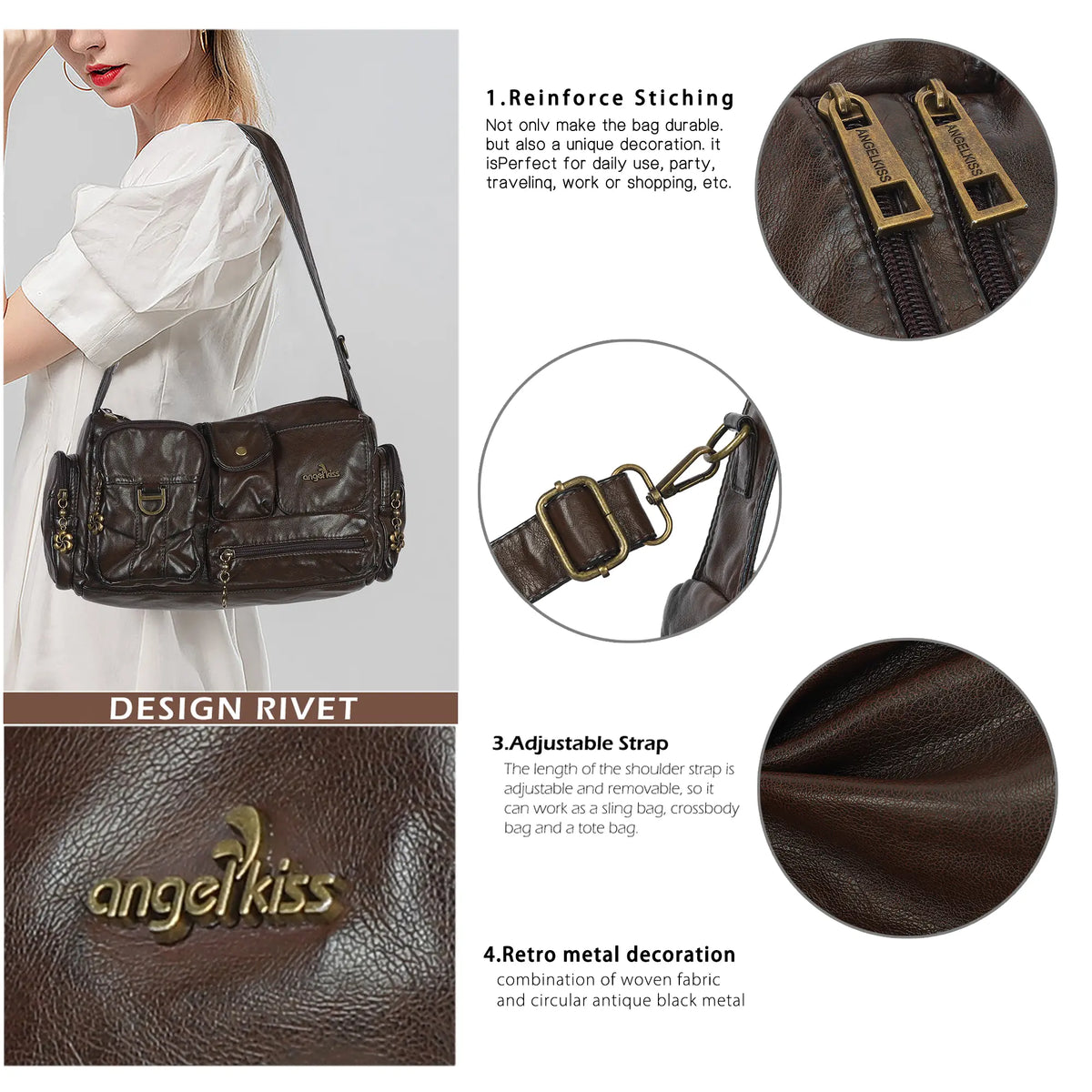 Layered-Pocket Utility Satchel Shoulder Bag