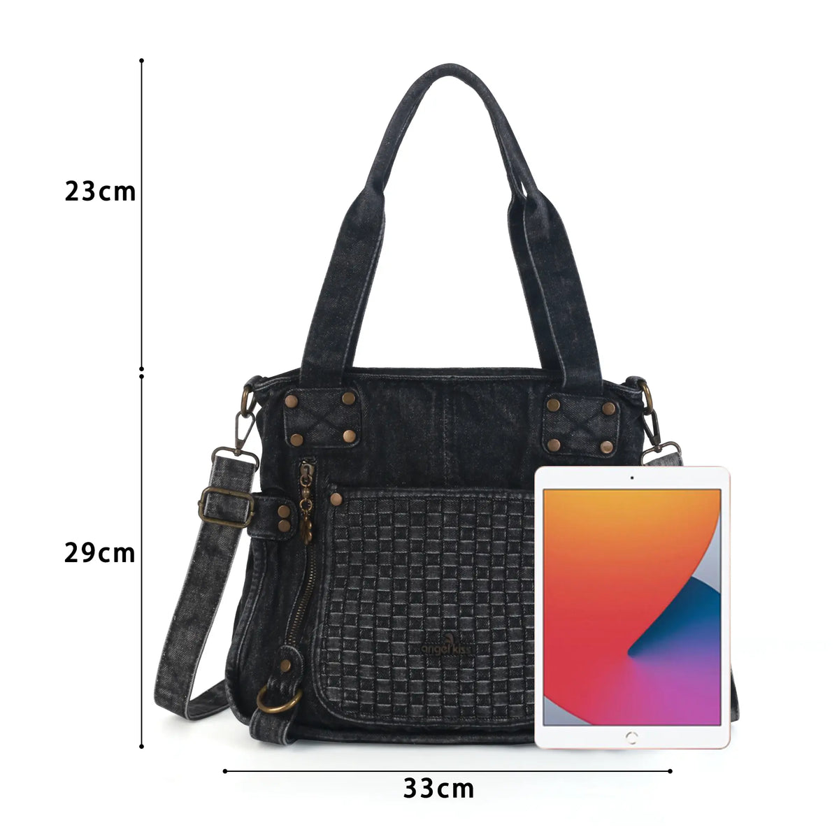Washed Denim Studded Shoulder Bag