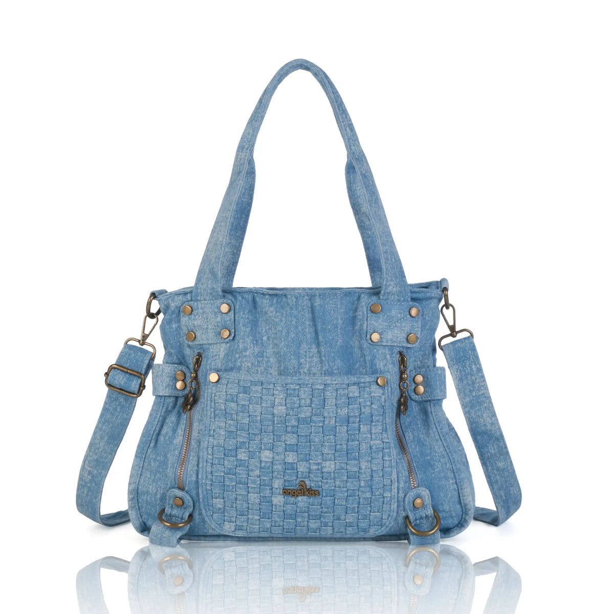 Washed Denim Studded Shoulder Bag