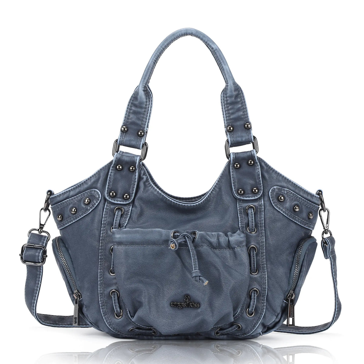 Vintage Studded Multi-Pocket Crescent Hobo Shoulder Bag