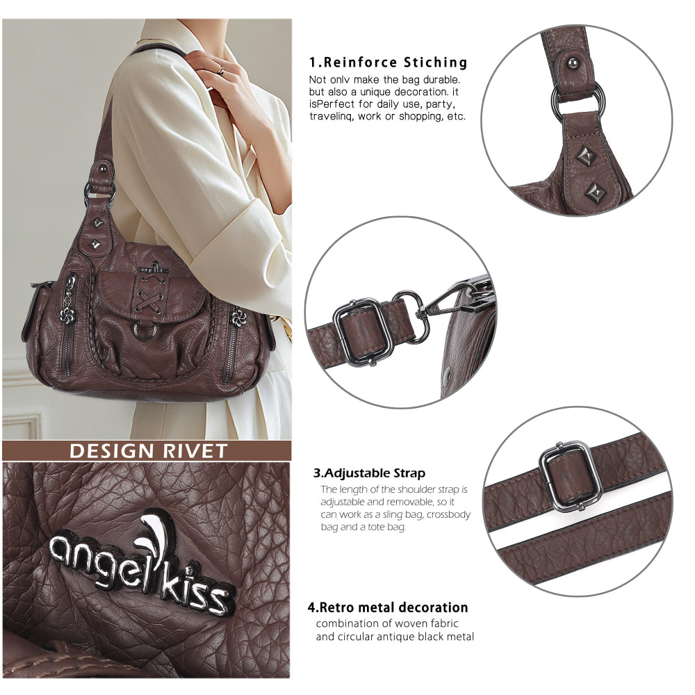 Vintage Multi-Pocket Hobo Shoulder Bag with Crossbody Strap