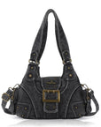 Buckle-Front Multi-Pocket Hobo Shoulder Bag