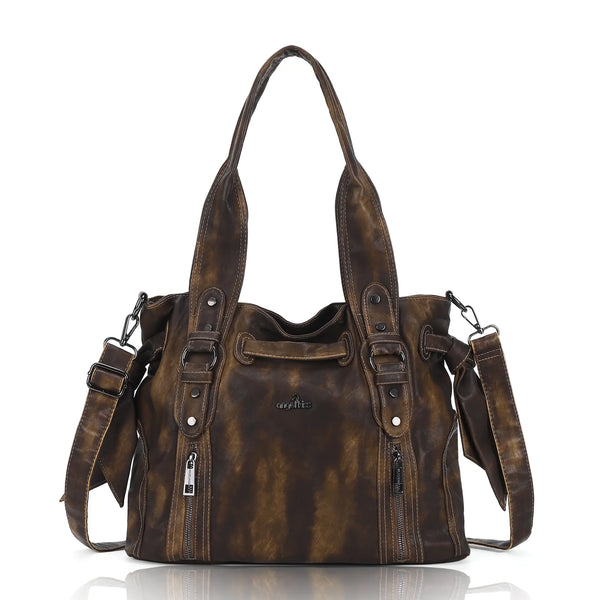 Vintage Washed PU Multi-Pocket Biker Tote Bag