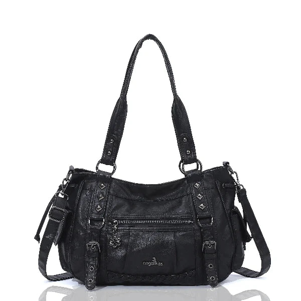 Studded Utility Multi-Pocket Horizontal Tote Shoulder Bag