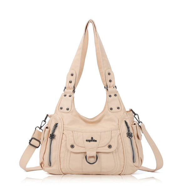 Vintage Multi-Pocket PU Shoulder Bag with Detachable Crossbody Strap