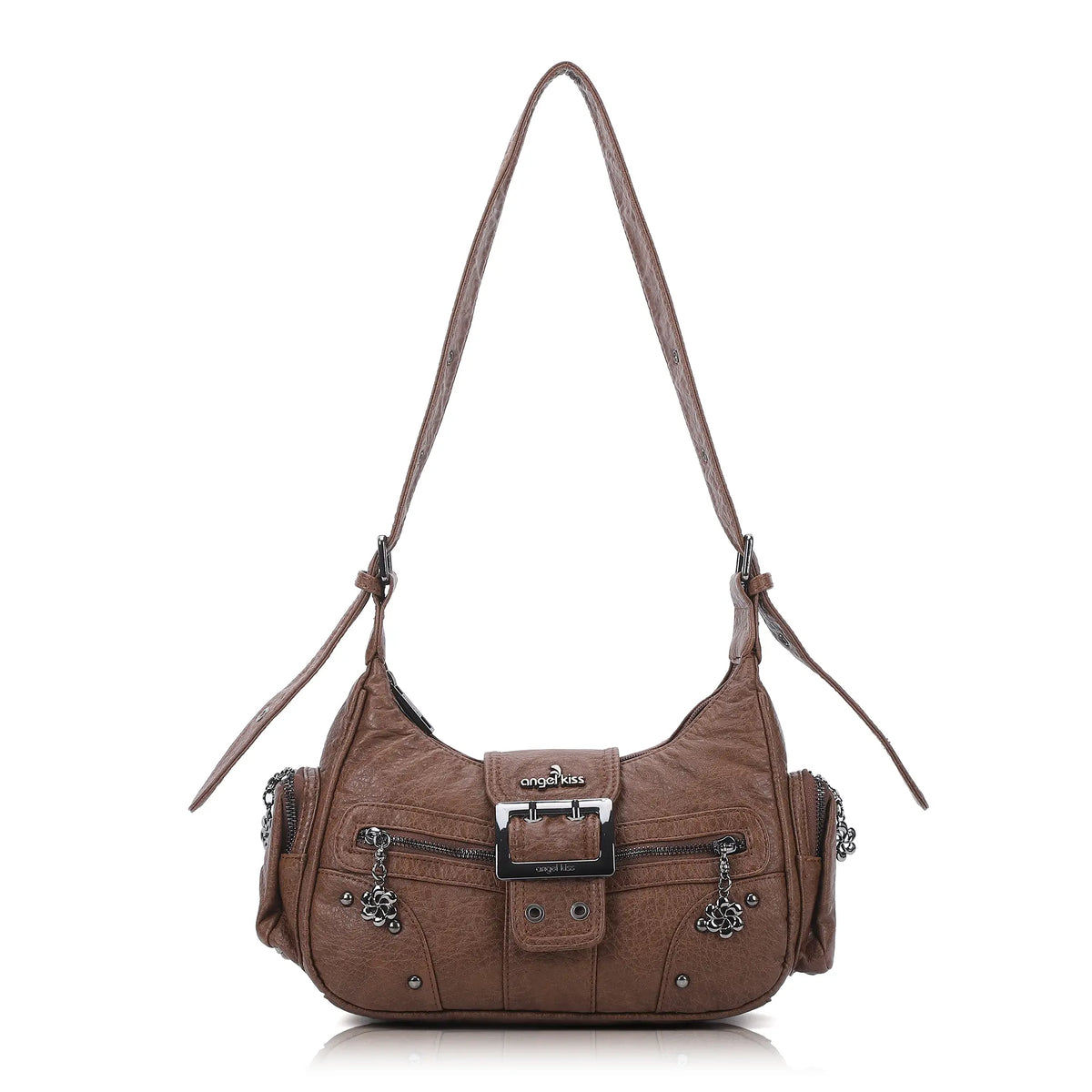 Moto-Inspired Multi-Pocket Crescent Shoulder Bag