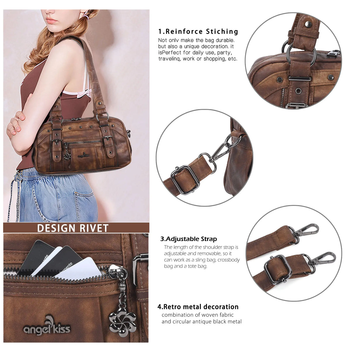 Vintage Multi-Pocket PU Bowling Shoulder Bag