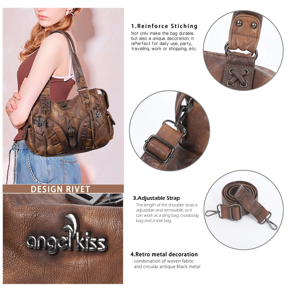 Shoulder Bag – Vintage Multi-Pocket Studded Moto Style