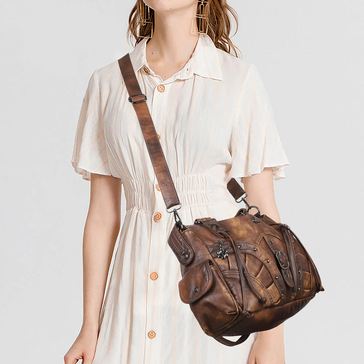 Shoulder Bag – Vintage Multi-Pocket Studded Moto Style