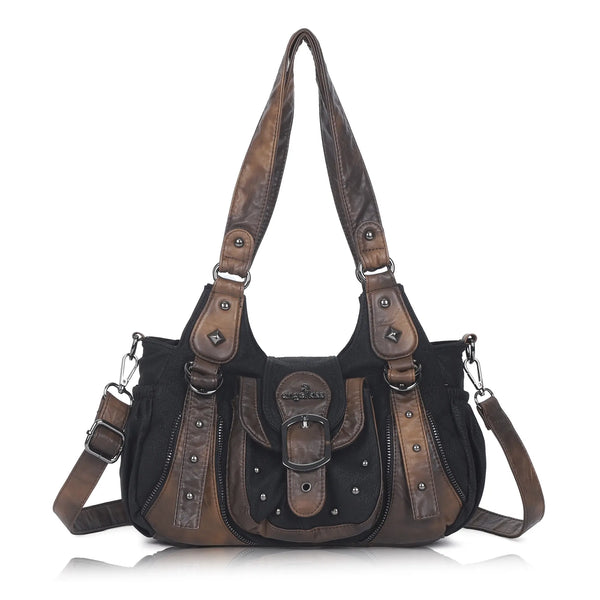 Curved-Panel Studded Buckle Shoulder Tote Bag