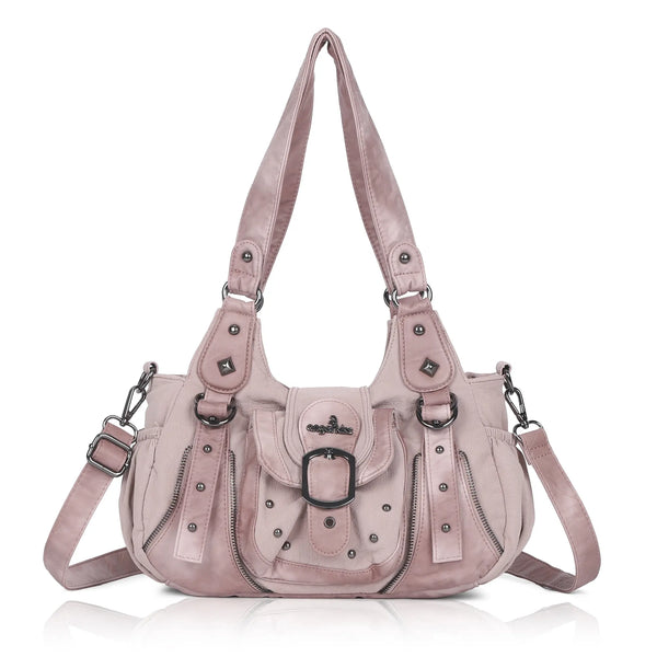Curved-Panel Studded Buckle Shoulder Tote Bag