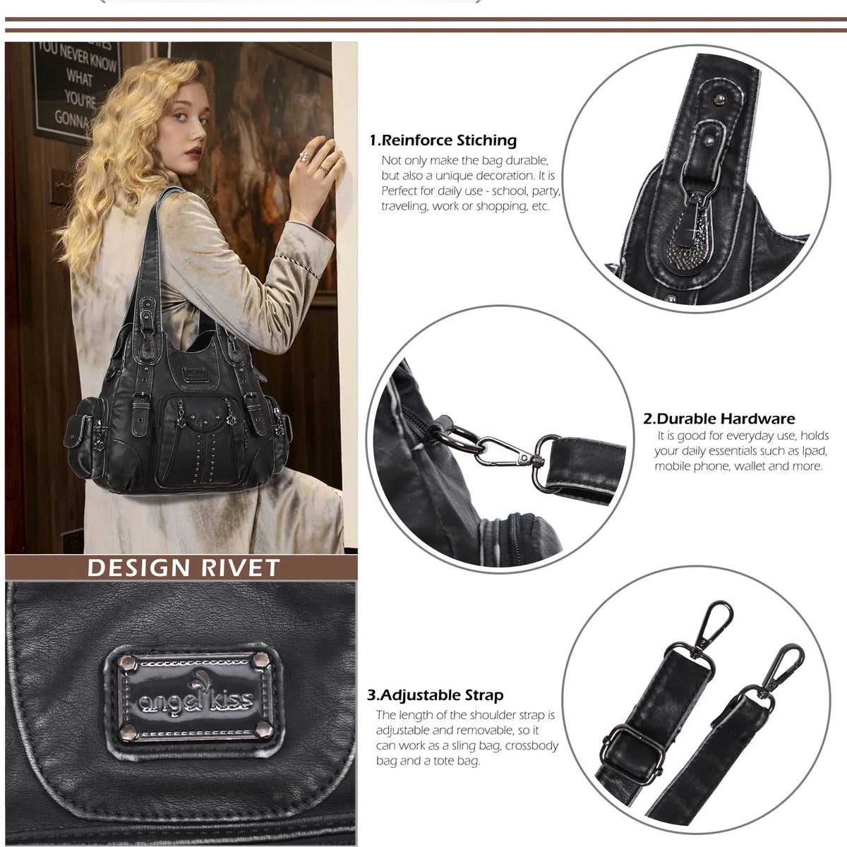 Vintage Y2K Studded Multi-Pocket Hobo Shoulder Bag