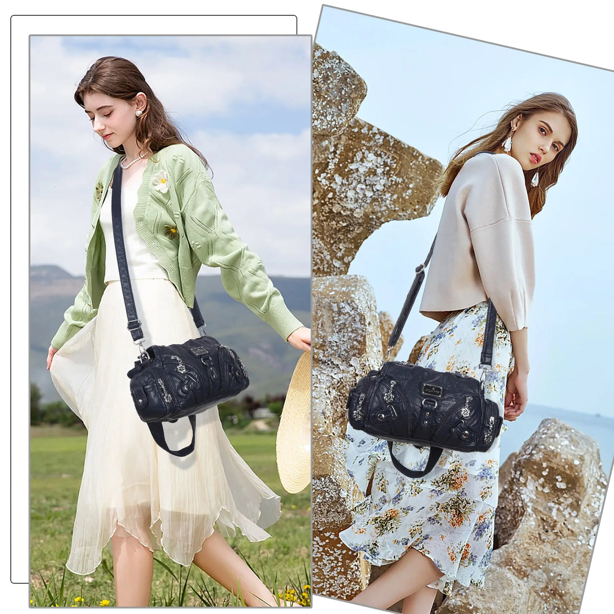 Moto-Style Zip-Detail Multi-Pocket Shoulder Bag