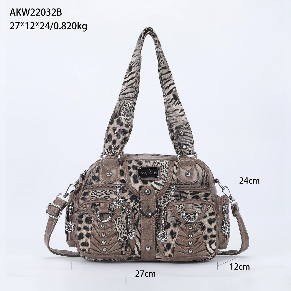 Rock-Chic Leopard Print Studded Multi-Pocket Shoulder Bag