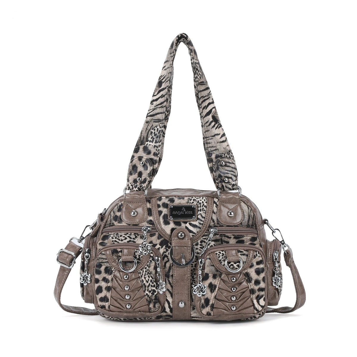 Rock-Chic Leopard Print Studded Multi-Pocket Shoulder Bag