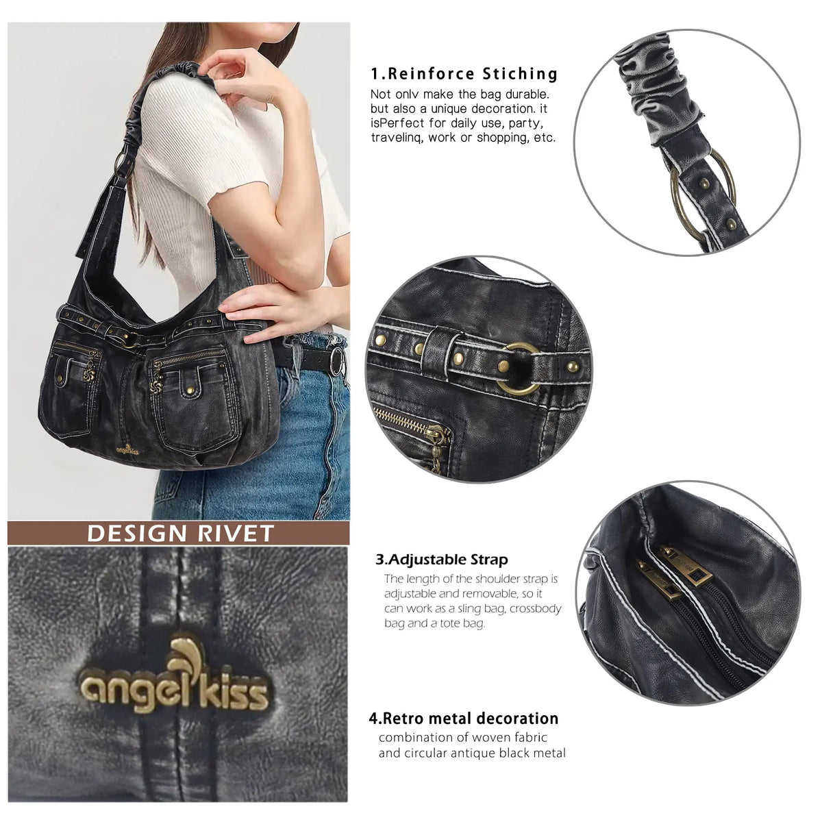 Large Studded Utility Hobo Shoulder Bag