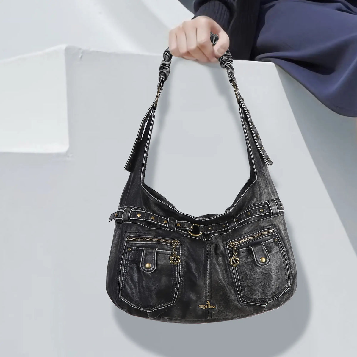 Large Studded Utility Hobo Shoulder Bag