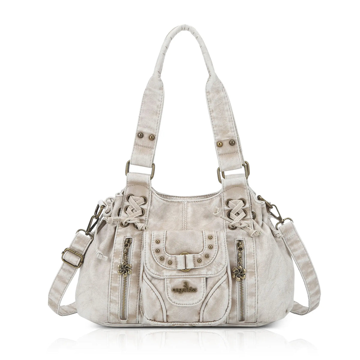 Washed Western Studded Shoulder Tote Bag with Lace-Up Detail