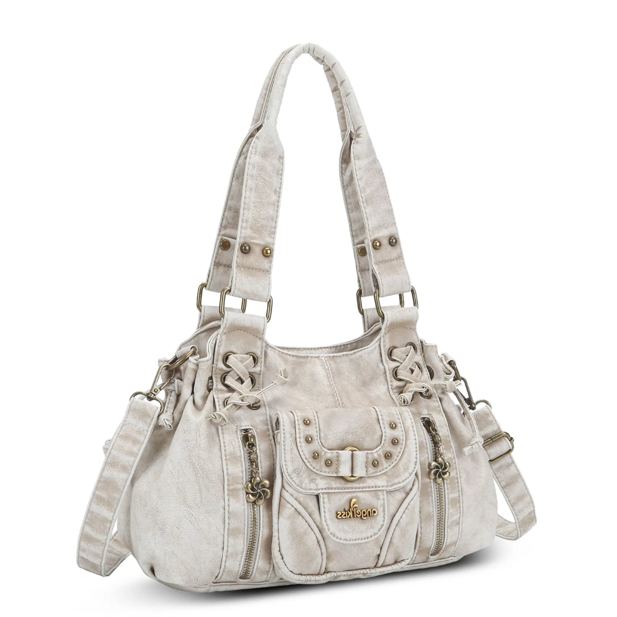 Washed Western Studded Shoulder Tote Bag with Lace-Up Detail