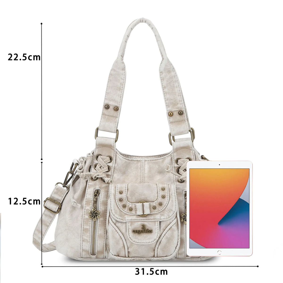 Washed Western Studded Shoulder Tote Bag with Lace-Up Detail
